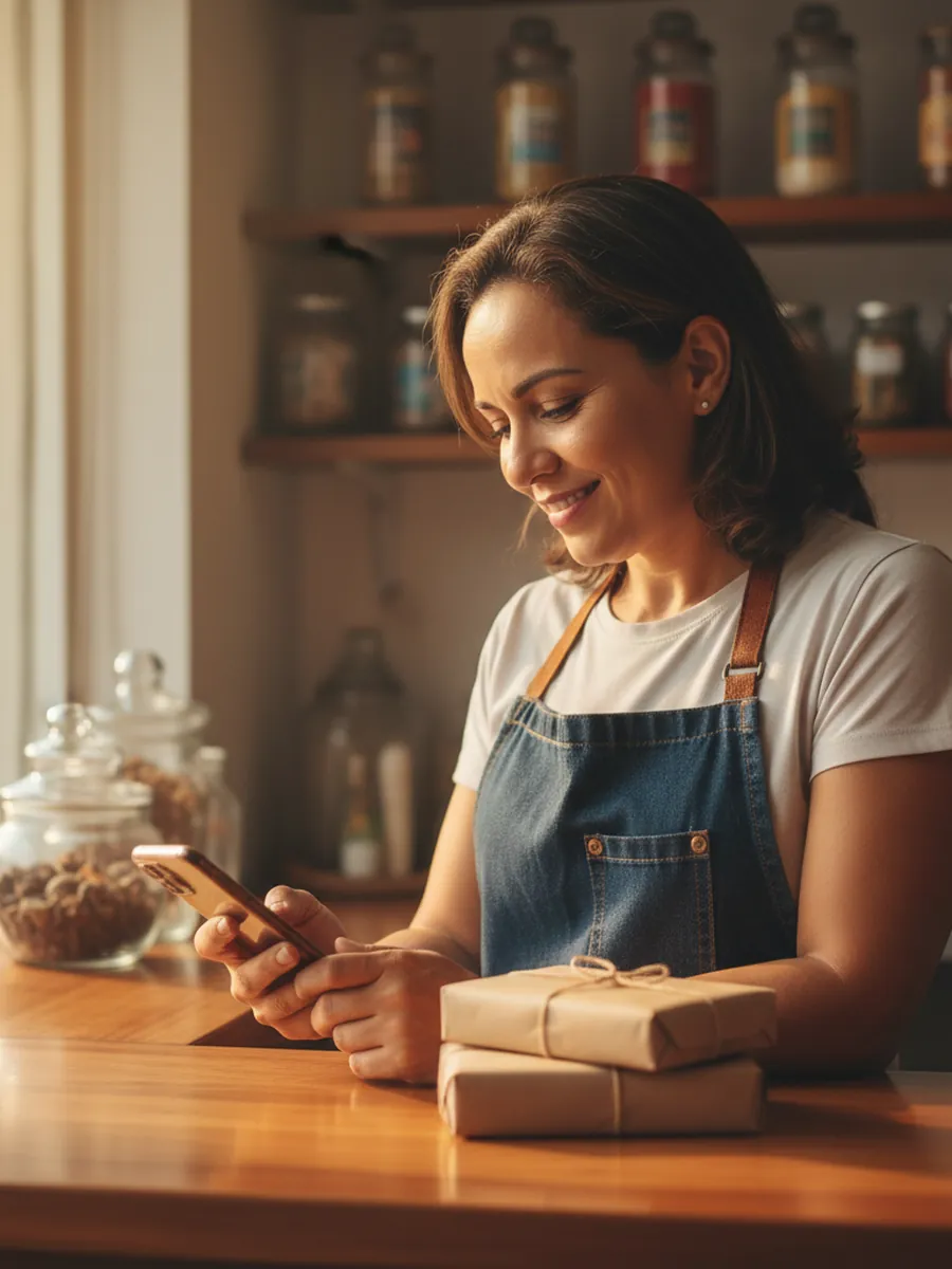 Dona de pequeno negócio conferindo um pedido no celular, pacotes prontos para envio no balcão
